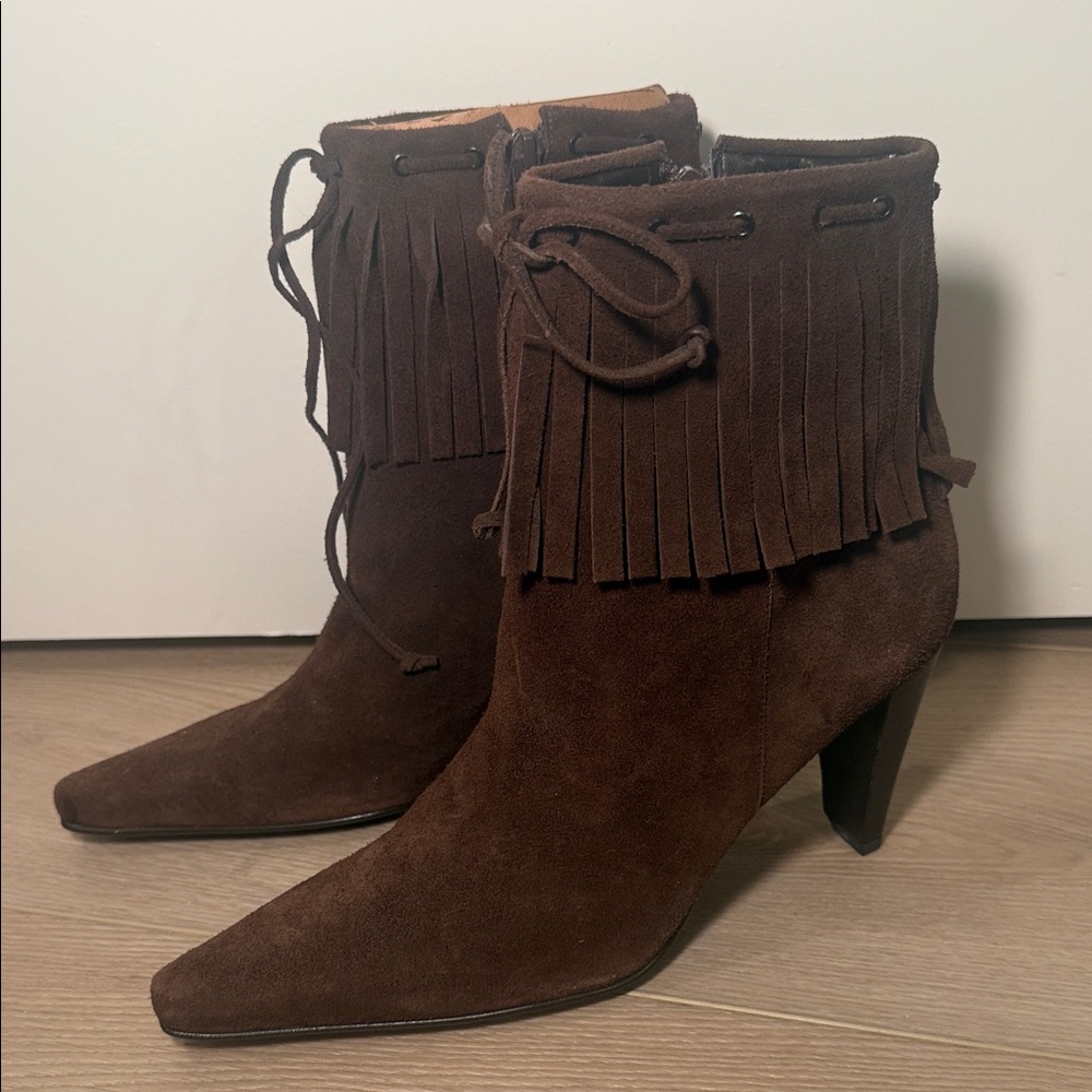 Nine West Dark Brown Suede Fringe Heeled Boots